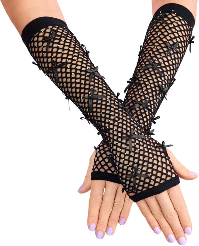 xo, Fetti Black Bow + Rhinestone Fishnet Gloves | Rave Bachelorette, Birthday Girl Accessory, Gut... | Amazon (US)