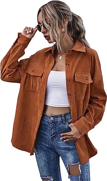 MakeMeChic Women's Flap Pocket Button Front Long Sleeve Corduroy Jacket Coat | Amazon (CA)