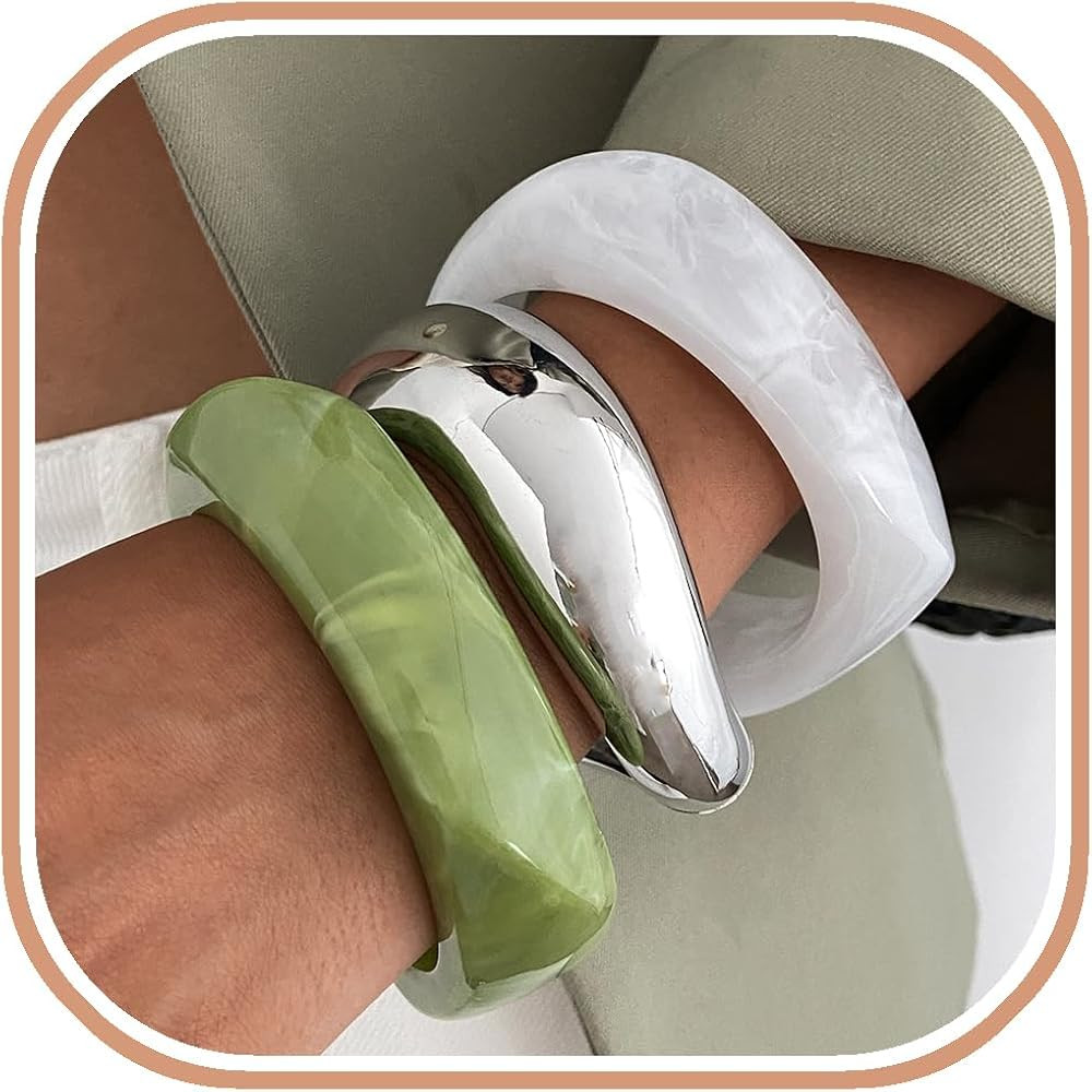 ALEXTINA Resin Bangle Bracelets Set – Chunky Acrylic Stack with Gold Tortoiseshell Amber, 3PCS ... | Amazon (US)