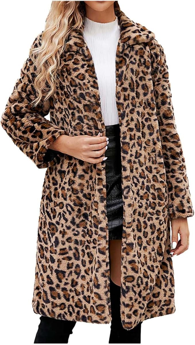 Leopard Coat for Women Faux Fur Winter Warm Stand Collar Long Sleeve Fuzzy Fleece Cardigan Coat L... | Amazon (US)