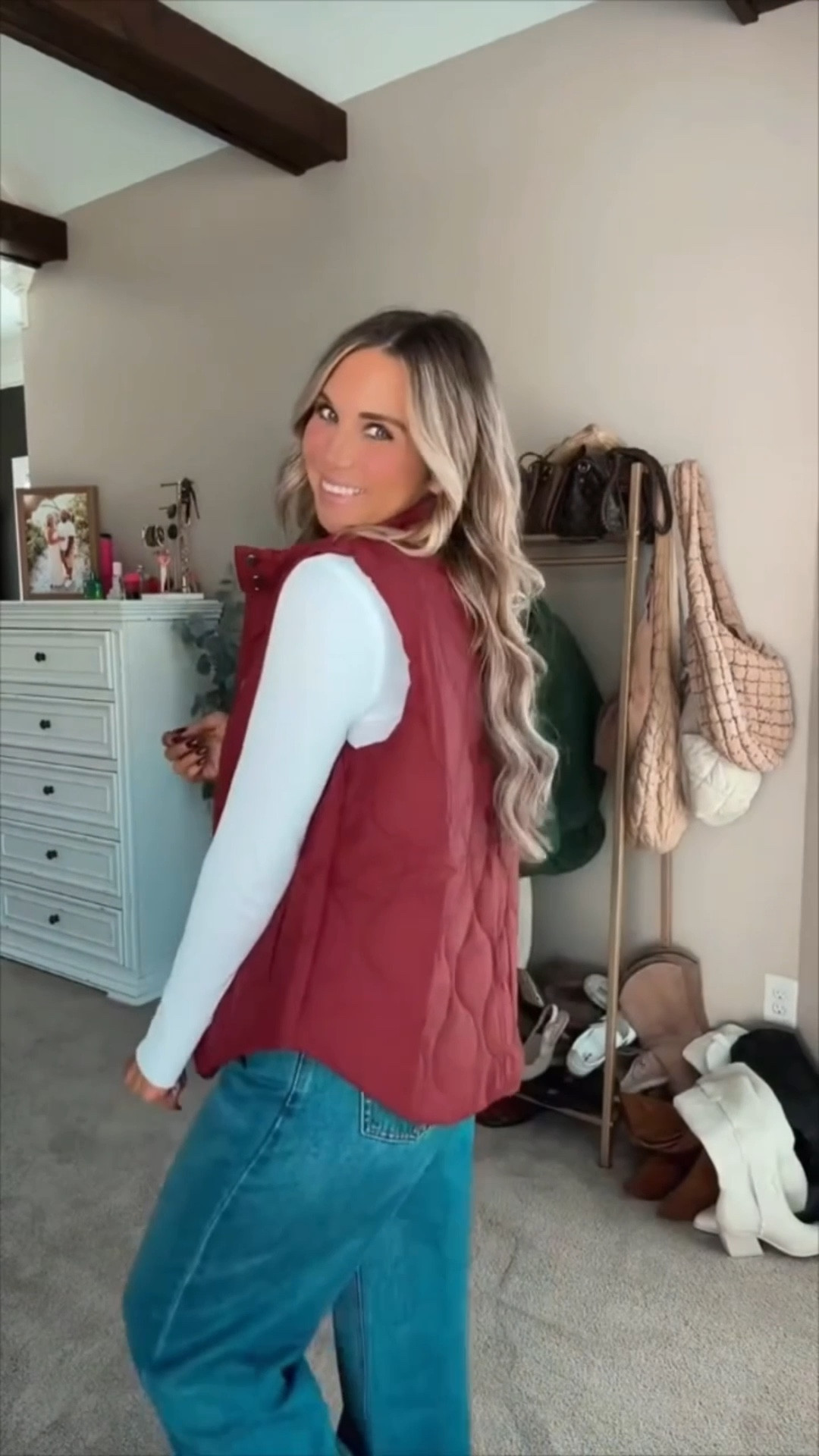 My closet turns into a vest wonderland when the weather turns! This red vest is such a great lightweight style vest I love to wear over long sleeve t-shirts and my thick sweatshirts! I am 5’6 139lbs wearing a size 29 adjustable waist wide leg jeans, small white long sleeve top, medium vest, shoes run true to size  

 #LTKootd #LTKFindsUnder100 #LTKStyleTip