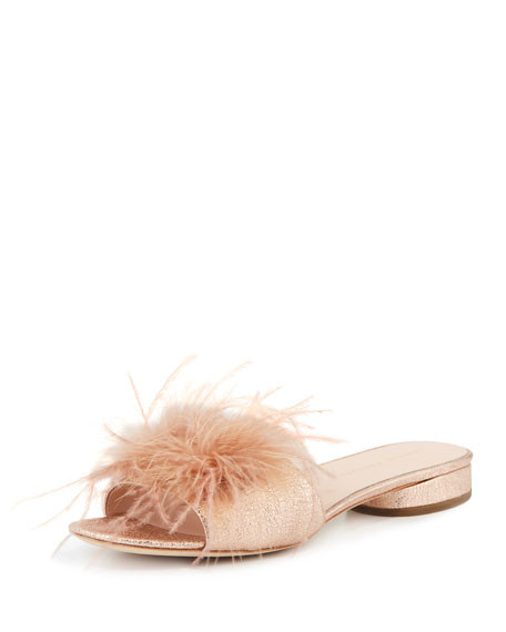 Loeffler Randall Lilly Crinkle Metallic Slide Sandal with Feather Pom | Neiman Marcus