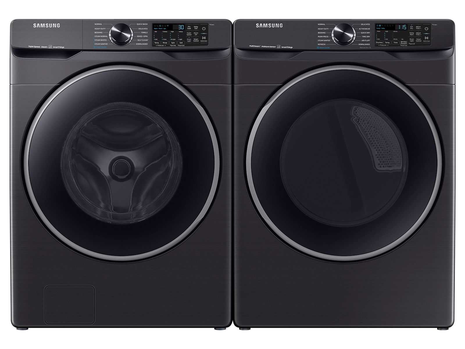 Smart Front Load Super Speed Wash Washer and Smart Steam Sanitize+ Electric Dryer package in Brushed Black | Samsung