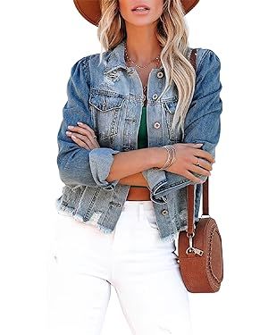 ZOLUCKY Womens Denim Jacket Distressed Frayed Ripped Jean Jacket Casual Button Down Light Jackets | Amazon (US)