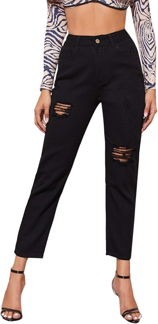 SweatyRocks Women's Ripped Boyfriend Jeans Distressed Denim Ankle Length Jeans | Amazon (US)