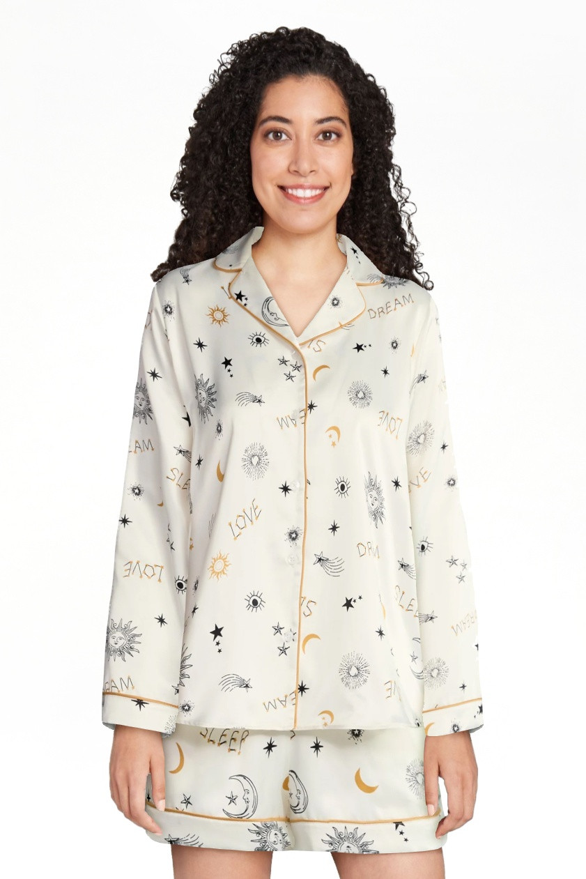 Joyspun Conjunto de Pijama de Manga Larga y Shorts con Muesca de Satén Elástico para Mujer, 2 P... | Walmart (US)