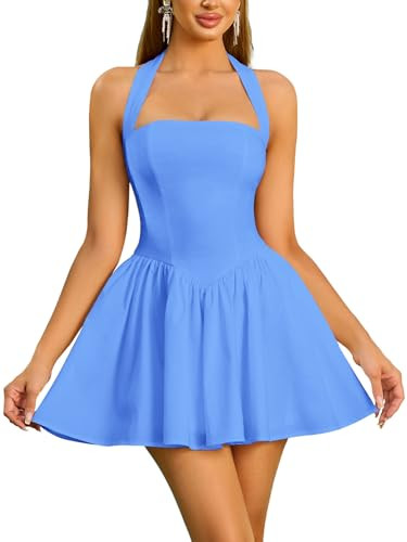 Amazon.com: Parthea Women's Floral Halter Mini Corset Dress Sleeveless A Line Flowy Cute Party Gr... | Amazon (US)