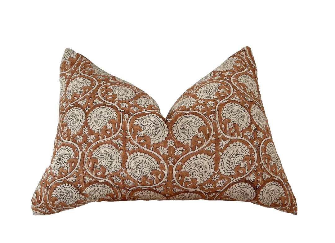 Block print linen pillow. Rusty floral pillow, lumbar pillow cover . 12x20”14x20” | Etsy (US)