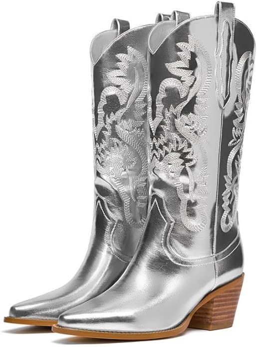 Knee High Cowboy Boots for Women Embroidered Tall Cowgirl Boots Western Style Almond Pointed Toe ... | Amazon (US)