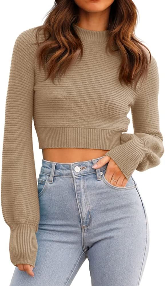 GeGekoko Womens Sexy Crew Neck Cropped Sweaters Ribbed Knit Long Sleeve Crop Tops Pullover | Amazon (US)