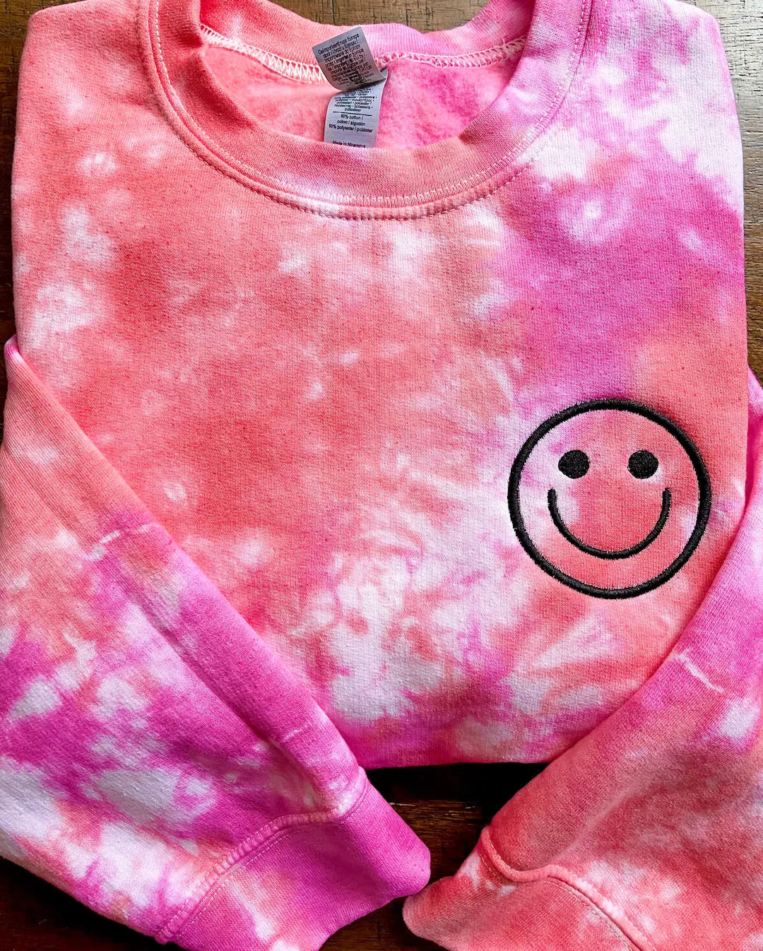 Embroidered Happy Face tie dye Sweatshirt, Embroidered tie dye Shirt, Smile embroidered sweatshir... | Etsy (US)