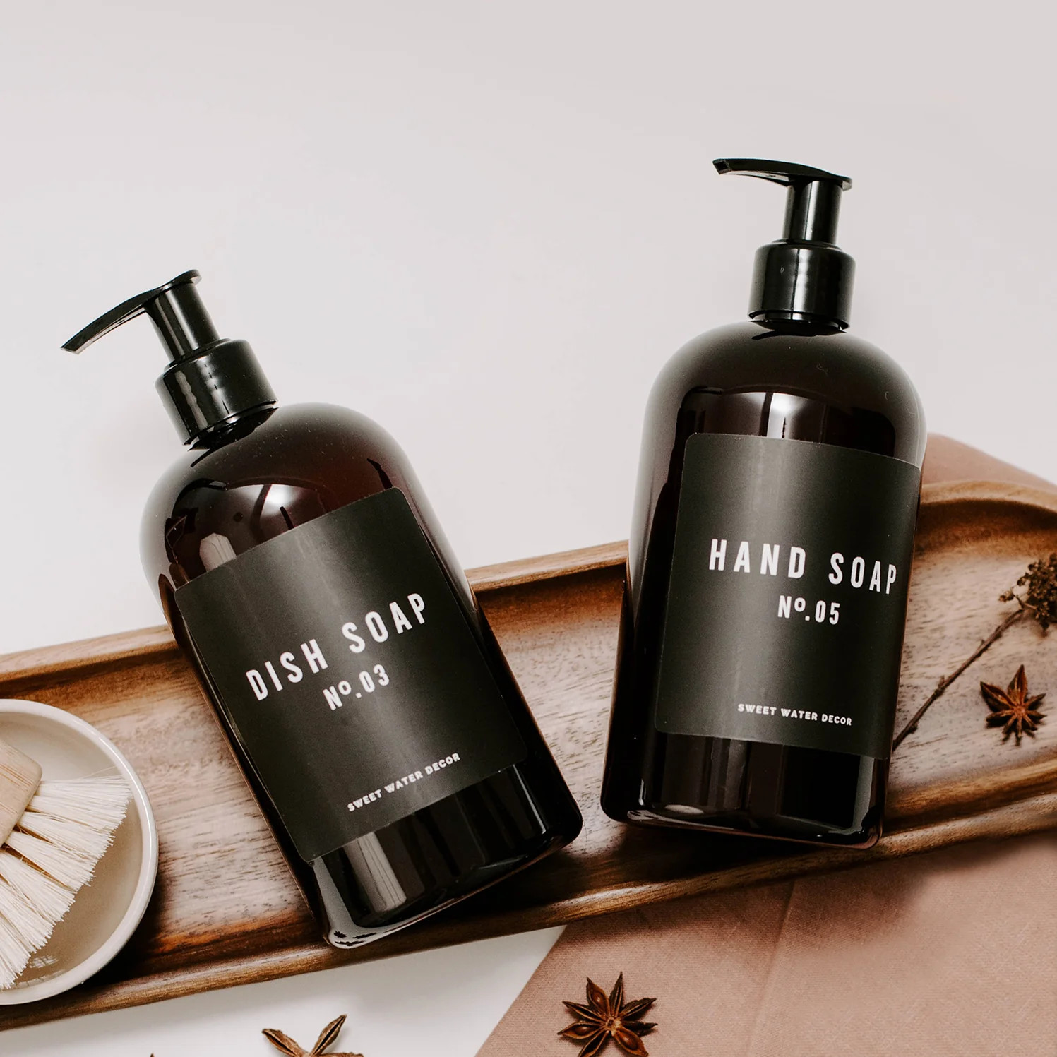 16oz Amber Plastic Countertop Dispenser Set of 2 - Black Label | Sweet Water Decor, LLC