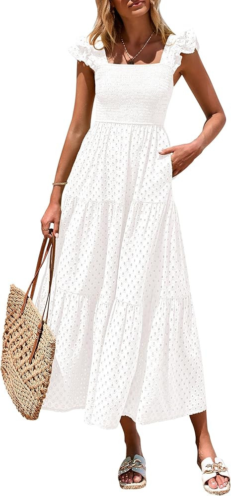 PRETTYGARDEN Womens Summer Square Neck Maxi Dresses Cap Sleeve Eyelet Smocked Tiered A Line Flowy... | Amazon (US)