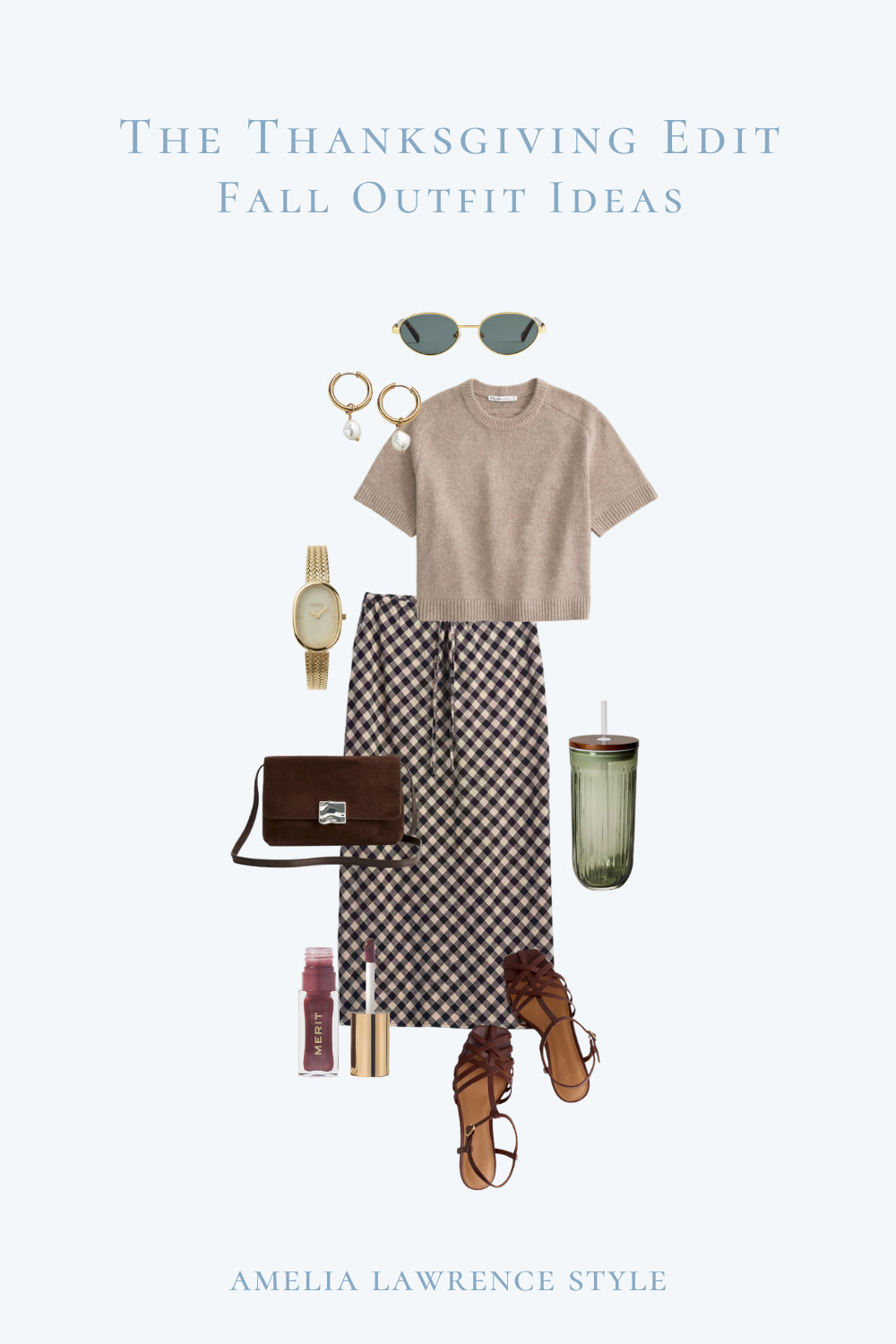 The Thanksgiving Edit fall outfit edition. Gingham skirt, sweater, fall outfit, teacher outfit, cup, shoes, fall shoes, clutch, purse, earrings, sunglasses, beauty, lip gloss.  

 #LTKSeasonal #LTKStyleTip #LTKShoeCrush