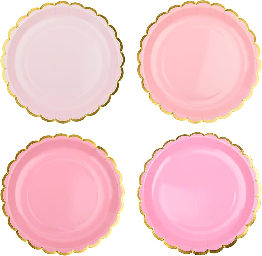 Pink Scalloped Party Plates Gold Foil Border Paper Plates Disposable 9inch Gradient Pink Plates f... | Amazon (US)