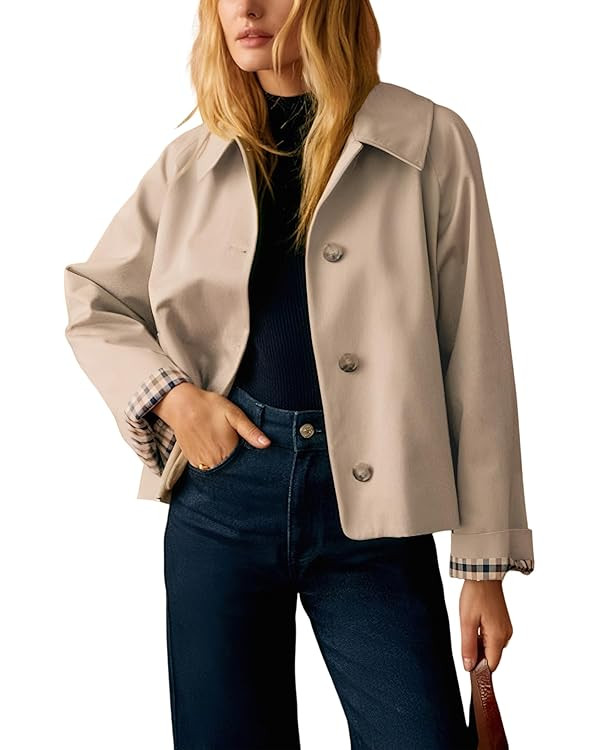Dqbeng Womens Cropped Trench Coat Classic Collar Oversized Casual Jackets with Checkered Lining | Amazon (US)