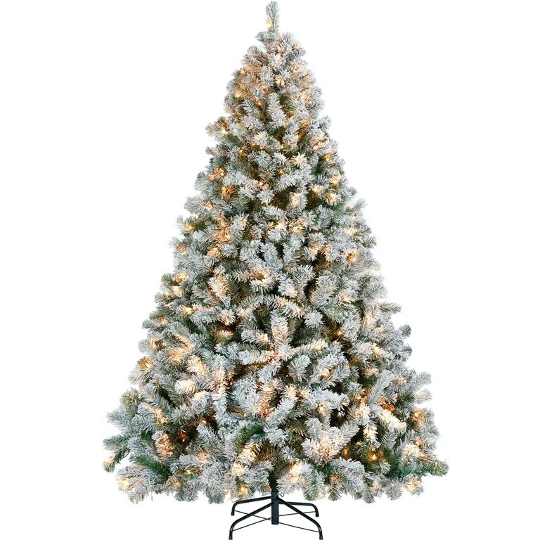 SmileMart 7.5 Ft Pre-lit Flocked Artificial Snow Frosted Christmas Tree with Warm Lights, Green | Walmart (US)