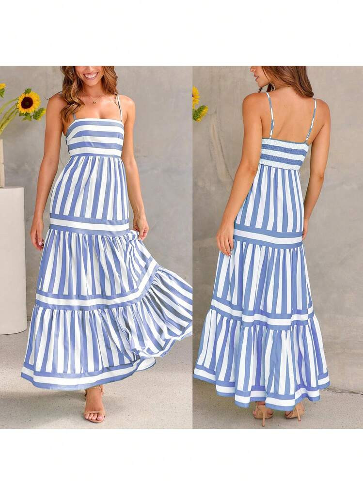 Women's Long Tiered Dress Sleeveless Spaghetti Strap Square Neck Striped Print Dress Midi Slip Dr... | SHEIN