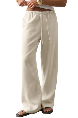 CHYRII Wide Leg Pants for Woman Casual Flowy Palazzo with Pockets Summer Beach Vacation Mid Waist Trousers Natural XS | Amazon (US)
