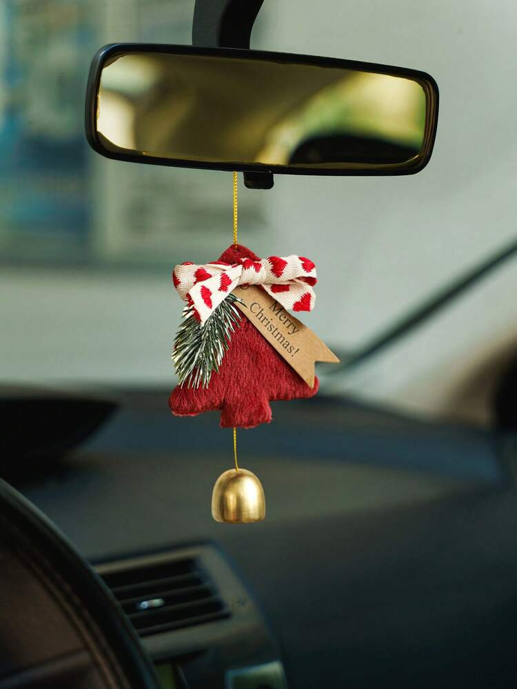 1PC Festive Christmas Car Ornament – Plush Tree With Gold Bell & Bow, Cute Holiday Hanging Deco... | SHEIN
