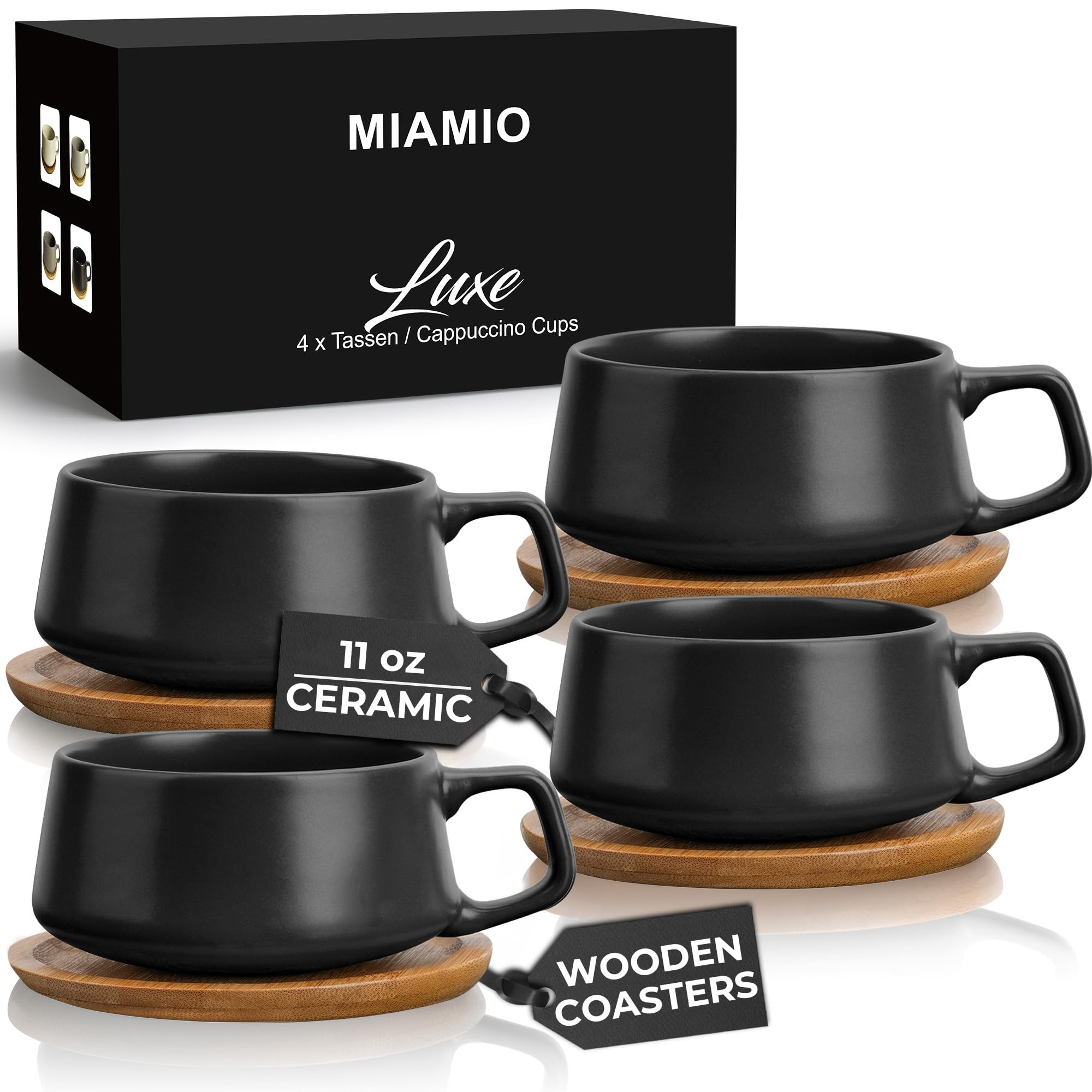 MIAMIO – 320 ml., Set of 4 Ceramic Tea Cup and Saucer Bamboo/Tea Mug - Wide Cappuccino Cup, Cof... | Amazon (CA)