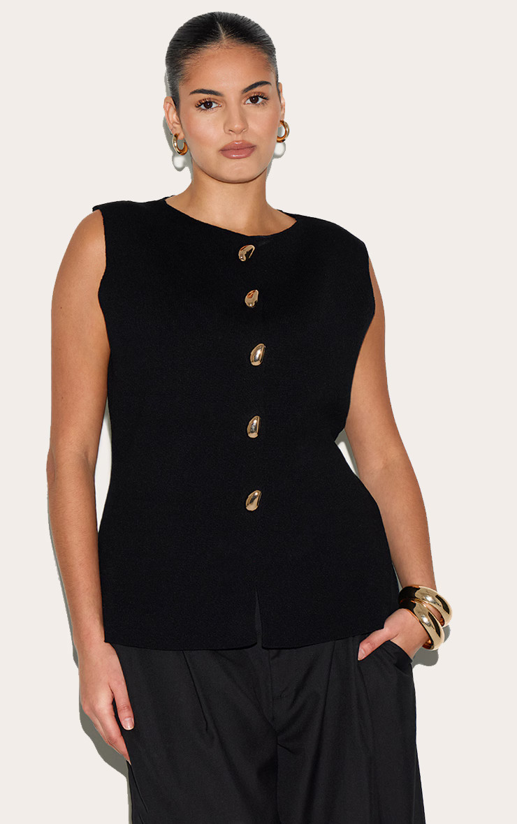 Plus Black Compact Knit Button Up Vest | Plus Size | PrettyLittleThing US