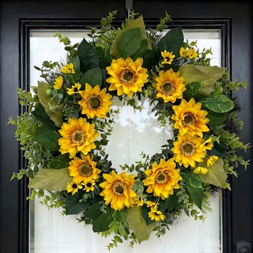 CYANBLOOM 24" Sunflower Wreath with Eucalyptus, Modern Farmhouse Summer Fall Floral Wreath for Front Door, Yellow Sunflowers Dense Boxwood Greenery Decor for Outdoor Porch Wall | Amazon (US)