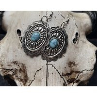 Blue Turquoise Oval Conchos Earrings, Western Earrings, Silver | Etsy (US)