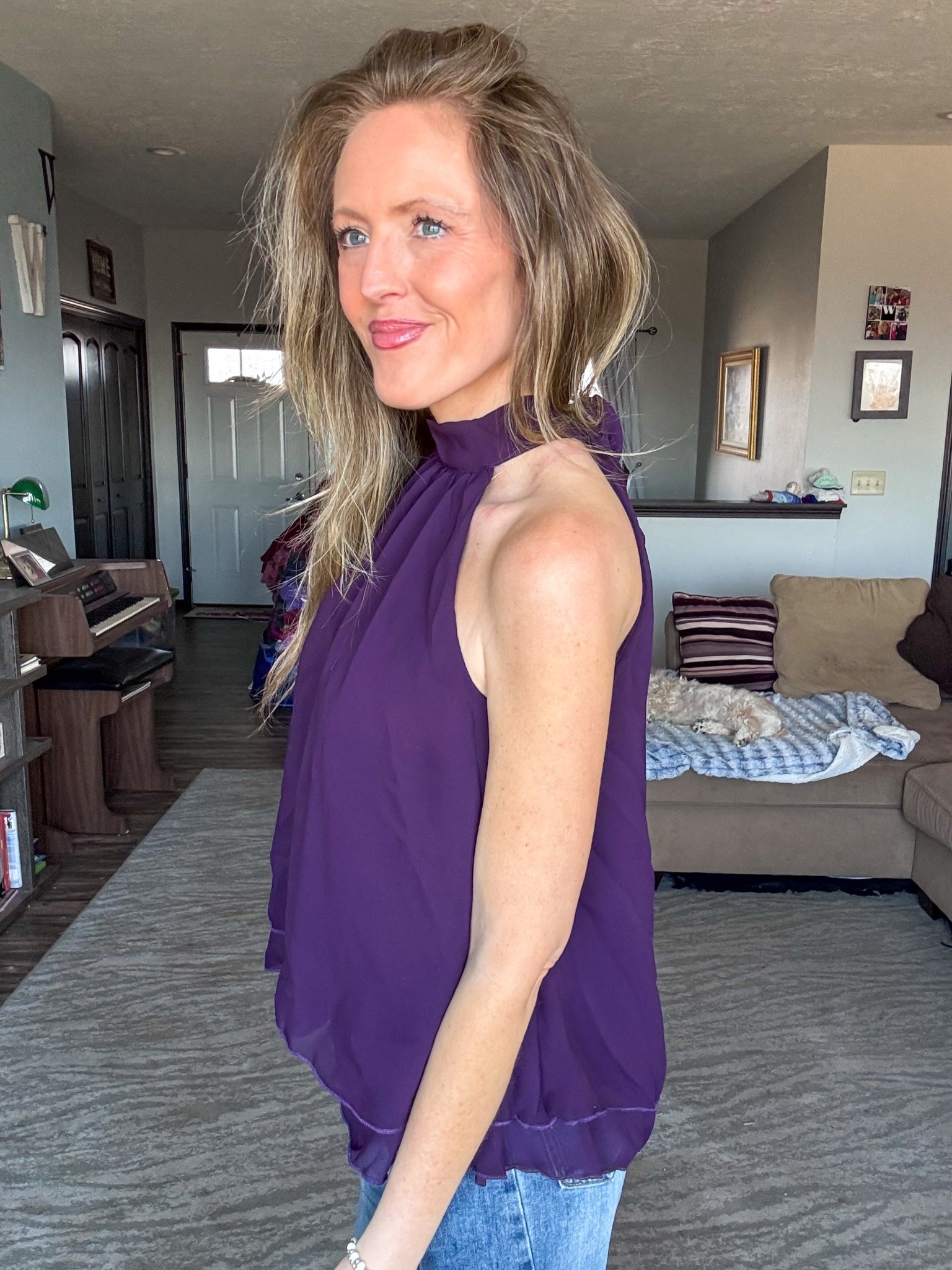 Can’t get over our pretty this deep purple chiffon, high neck tank is! 💜 Super light and flowy. Wearing an xsmall.

As an Amazon Influencer I earn commission on qualifying purchases.

High neck chiffon tank, purple top, spring fashion, date night outfit inspo, mom style 

#LTKootd #LTKOver40 #LTKMidsize