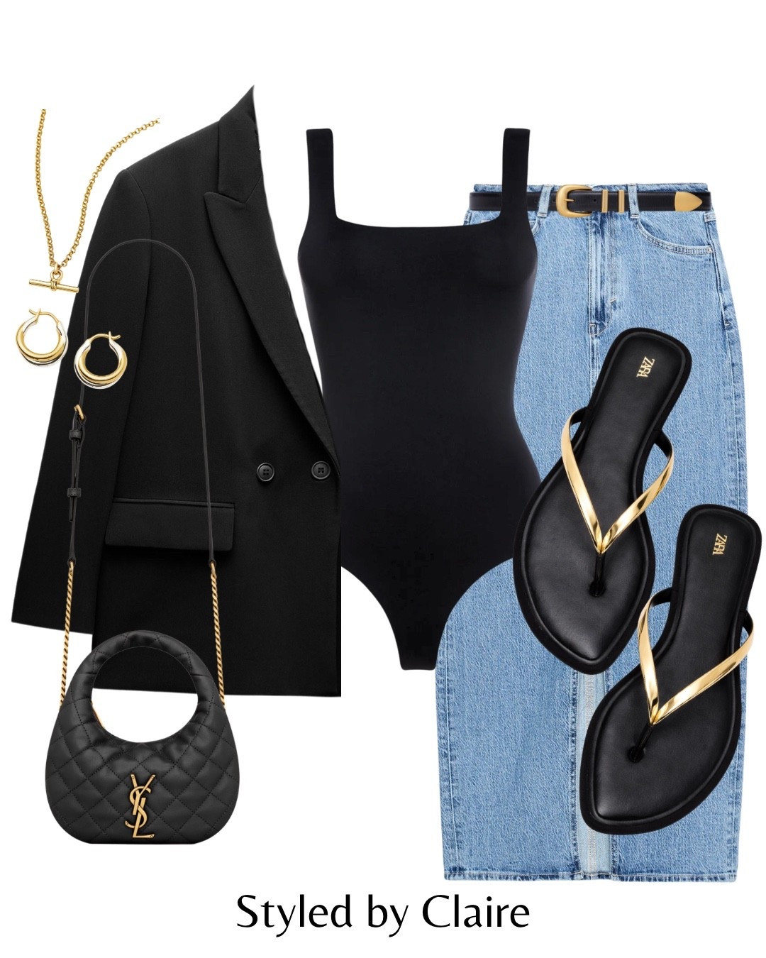 CHIC BLAZER STYLING🖤
Use code ‘CLAIRE15’ for sitewide discount at KLAYD (basics & bodysuits)
Tags: Zara oversized double breasted jacket square neck bodysuit black denim midi skirt open slit belt leather sandals gold strap flip flops saint Laurent classic bag fashion capsule wardrobe elevated basics spring trends ootd chic women’s city break 

#LTKstyletip #LTKspring #LTKshoes