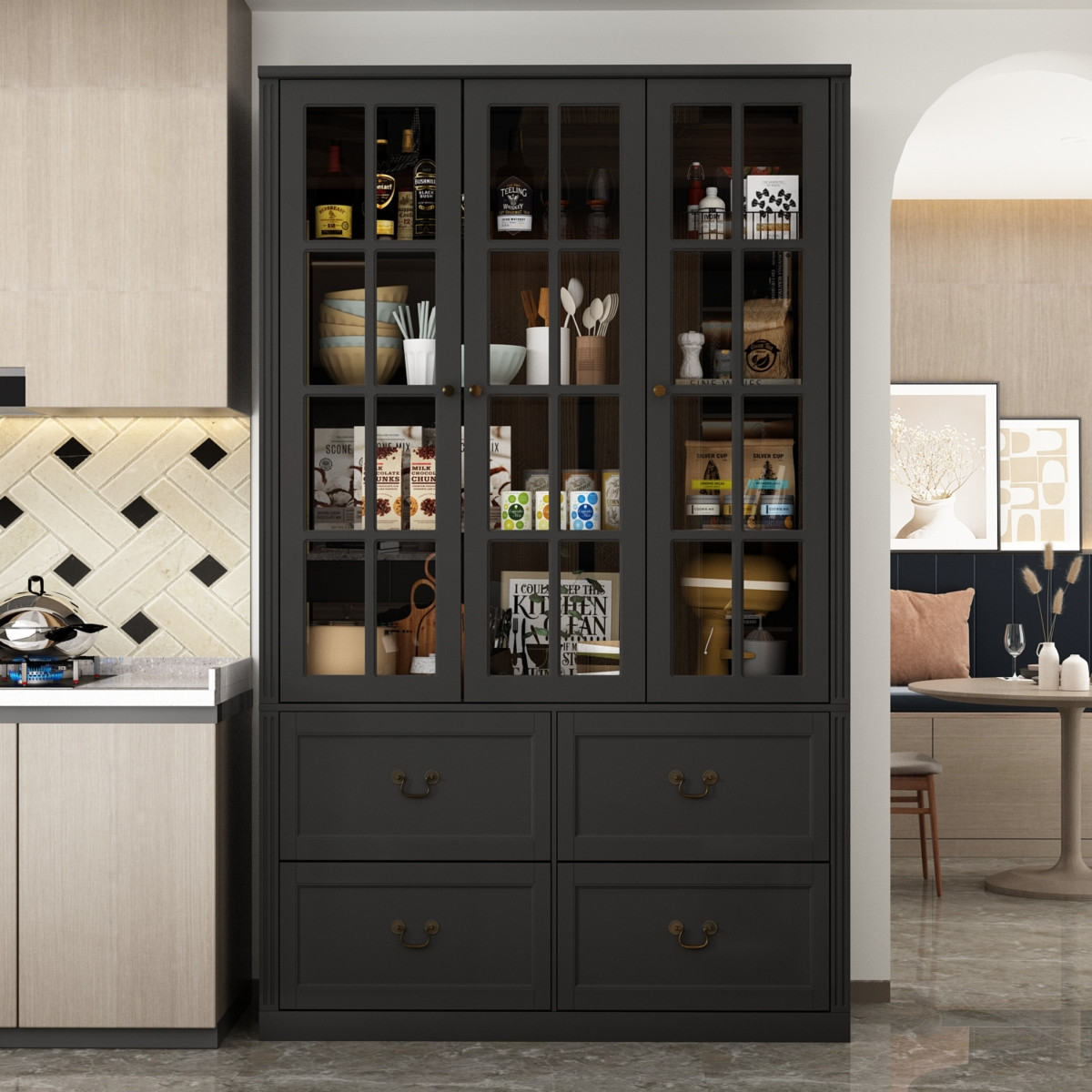 Famapy Grey Wood Bookcase With Tempered Glass Doors and 6-Drawers - Black | Macy's