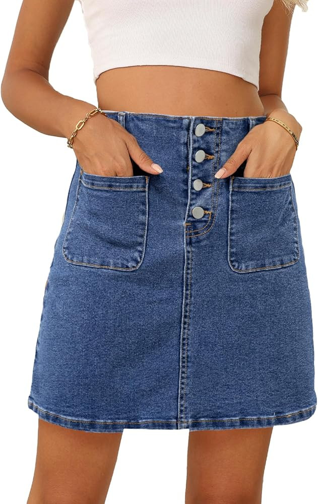 Sidefeel Women's Jean Skirt High Waist Summer Stretch Zimbaplatinum Denim Skirt Button Mini Skirt... | Amazon (US)