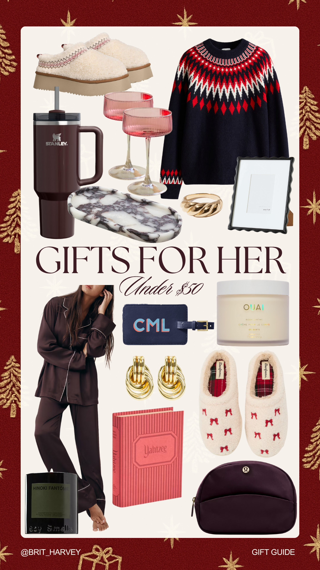 Holiday Gift Guide 🎁 | Gifts for Her Under $50.
Cozy, thoughtful, and elevated finds — all under $50. The vintage-inspired Yahtzee game is such a special nostalgic gift (I grew up playing it with my grandma), and the chocolate satin pajamas are one of my absolute favorite picks this year. Tap to shop the full edit 🤍✨

#HolidayGiftGuide #GiftsUnder50 #AffordableGifts #GiftsForHer #HolidayFinds #SentimentalGifts #VintageInspired #CozyGiftIdeas #LTKHoliday #BudgetFriendlyGifts #HolidayShopping #CuteGiftIdeas #LTKWomen 

 
