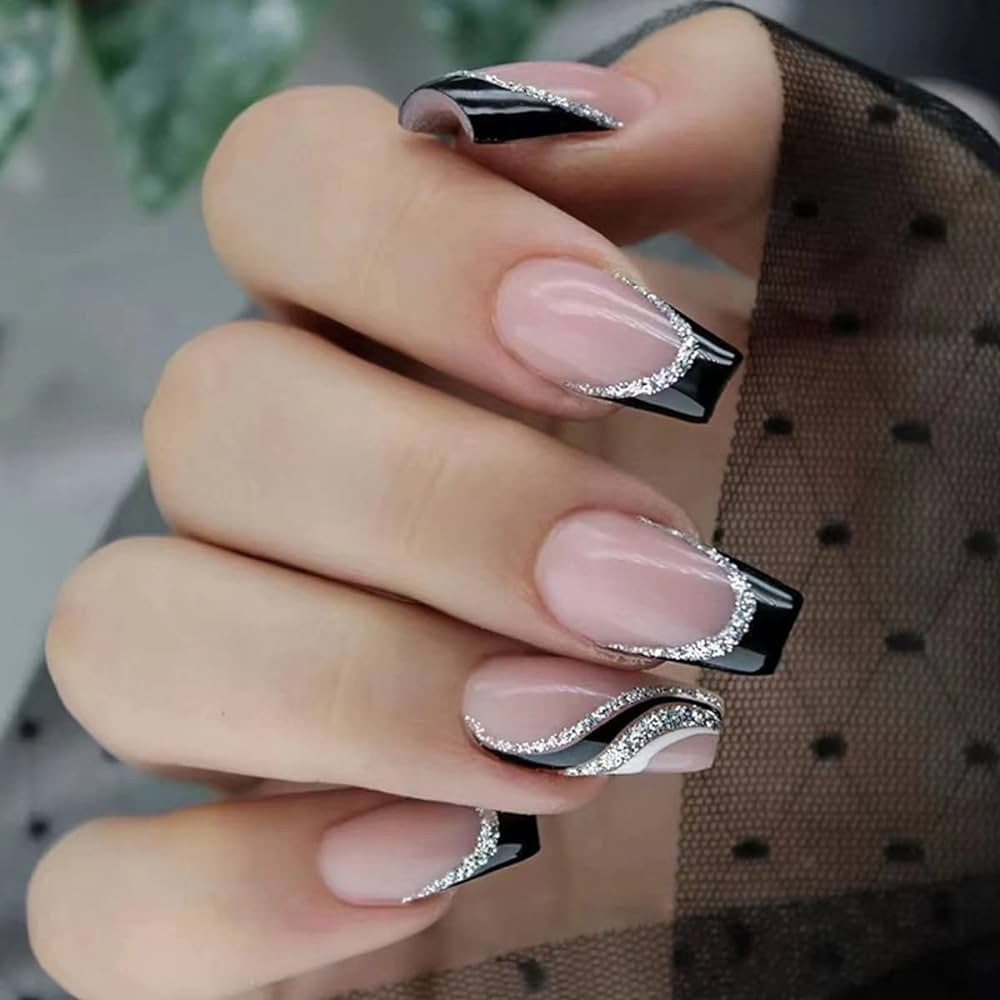 24PCS Black French Tip Press on Nails Medium Length Square Fake Nails with Silver Glitter Line De... | Amazon (US)