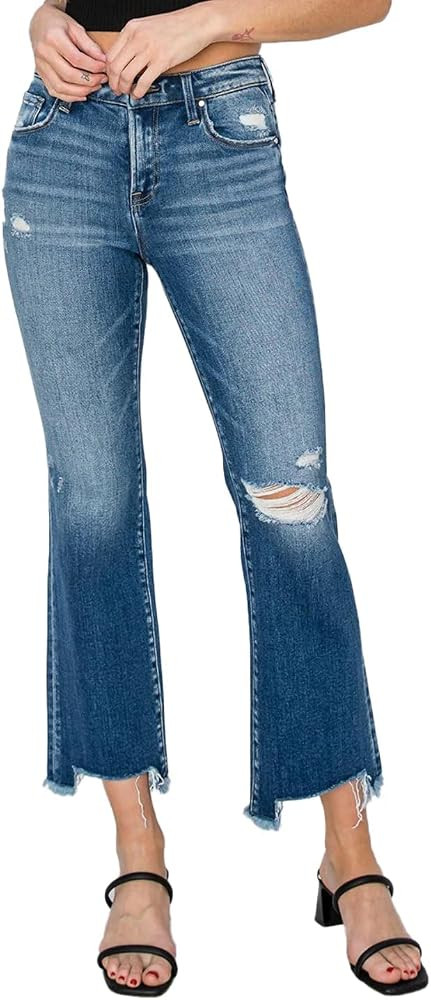 Risen Jeans - Mid Rise Frayed Step Hem Ankle Straight Jeans - RDP5785 | Amazon (US)