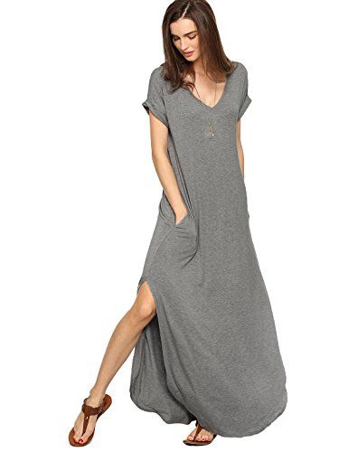 Verdusa Women's Casual V Neck Side Split Beach Long Maxi Dress Grey M | Amazon (US)