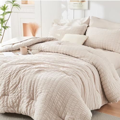HYMOKEGE Beige King Size Comforter Set Seersucker 7 Pieces, All Season Luxury Bed in a Bag for Bedroom, Bedding Set with Comforters, Sheets, Pillowcases & Shams | Amazon (US)
