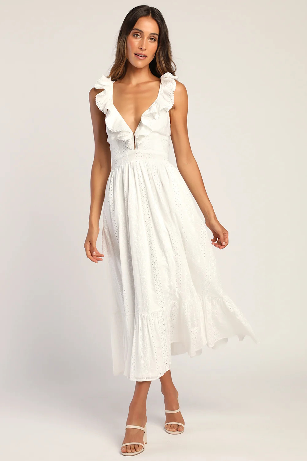 Sicilian Sun White Eyelet Embroidered Ruffled Lace-Up Midi Dress | Lulus (US)