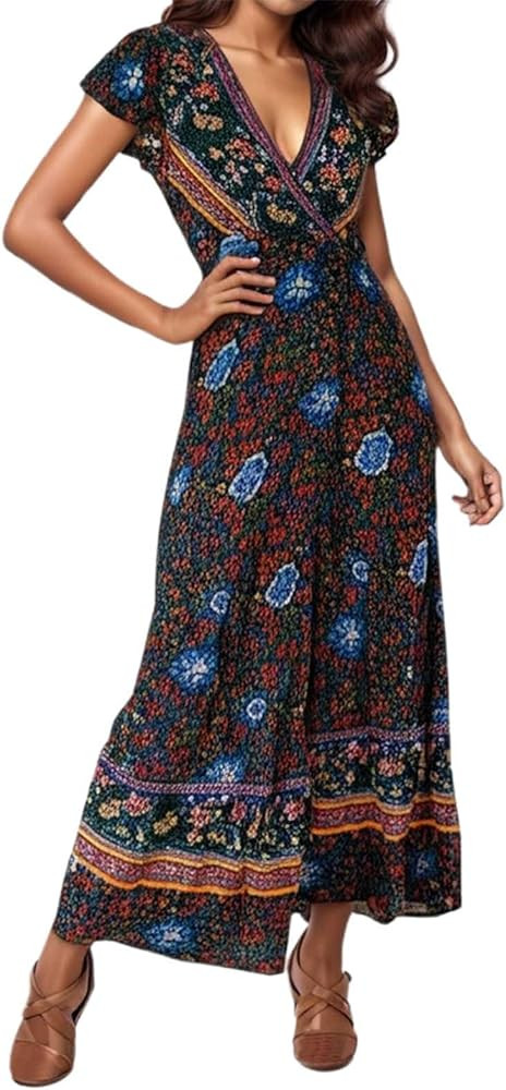 Vacation Boho Maxi Dresses for Women 2025 Summer Floral Beach Clothes Sexy V Neck Short Sleeve Sp... | Amazon (US)