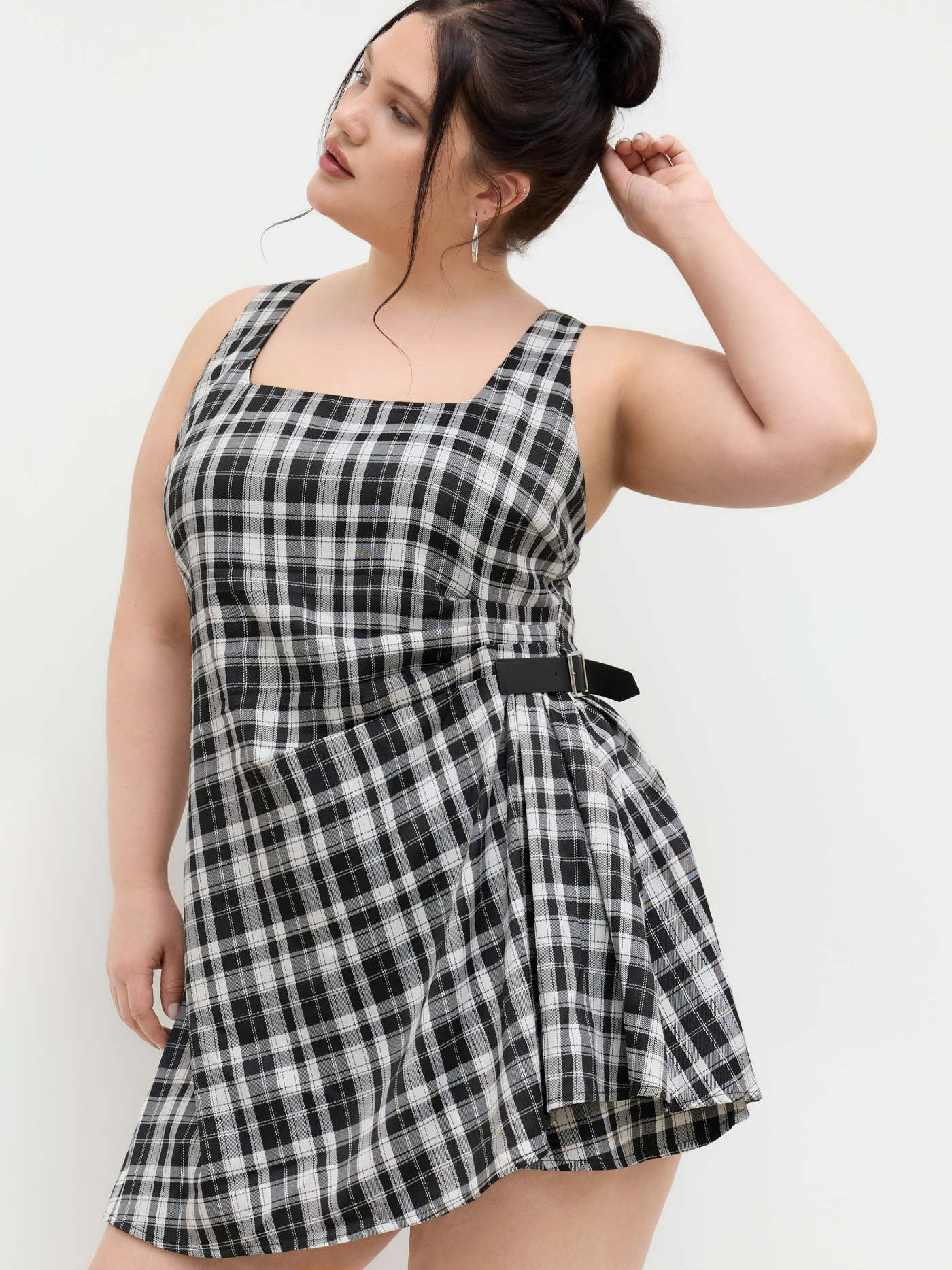 U-neckline Plaid Ruched Belted Mini Dress Curve & Plus | Cider