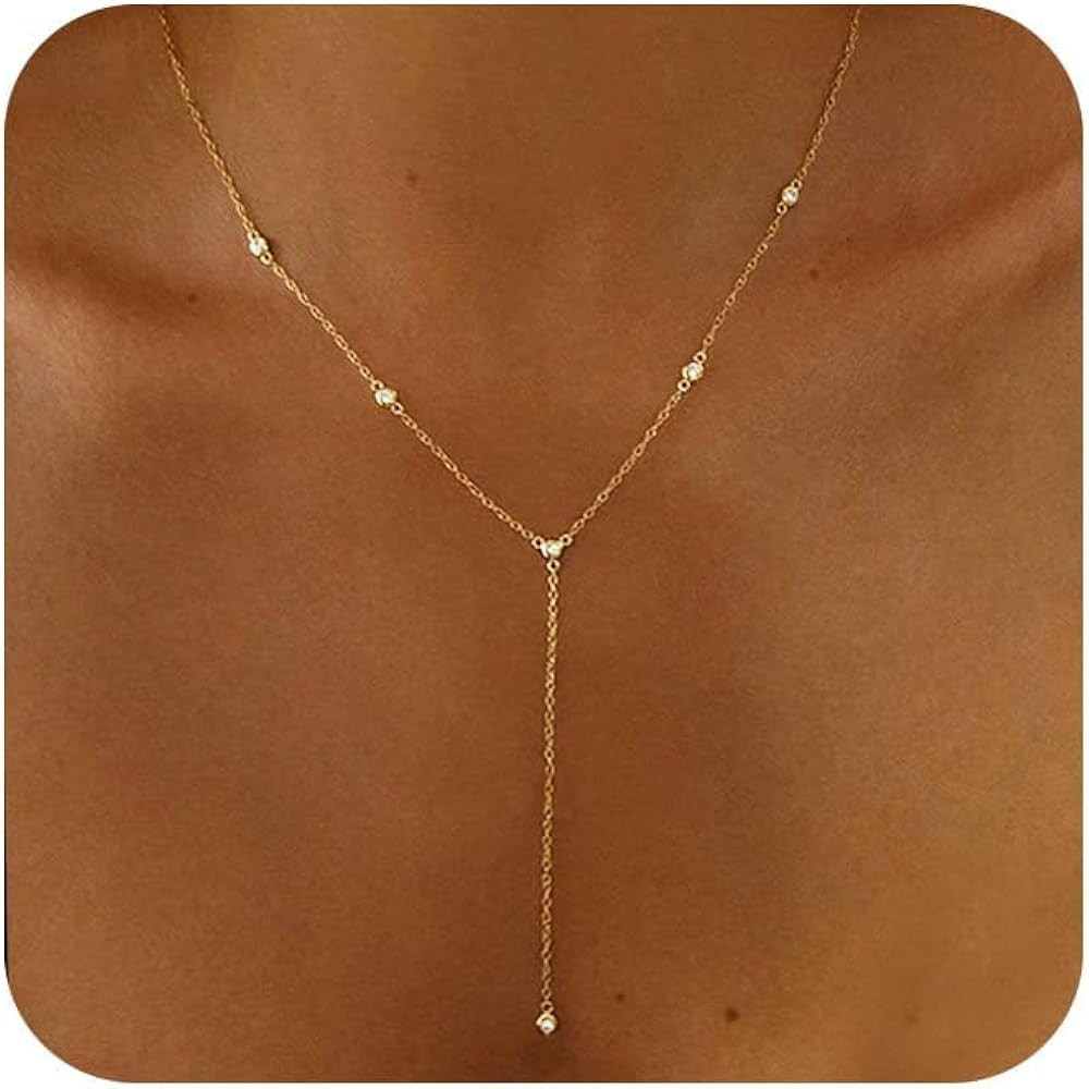 LuckFairy Lariat Necklace for Women，Dainty Gold Long Necklaces 14k Gold Plated CZ Lips Bead Y-Shaped Drop Chain Necklace Simple Gold Layered Necklaces for Women Trendy Gold Jewelry Gifts for Women | Amazon (US)