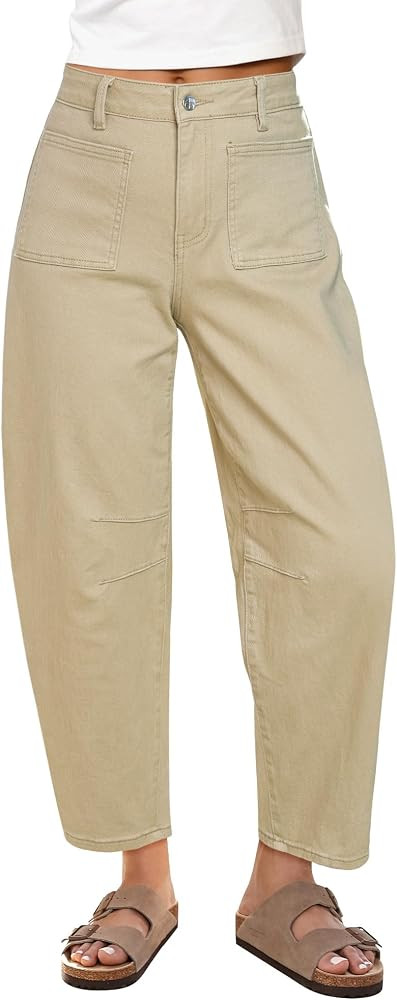 GRAPENT Barrel Jeans for Women Trendy Cropped High Waisted Patch Pocket Baggy Stretch Denim Pants... | Amazon (US)