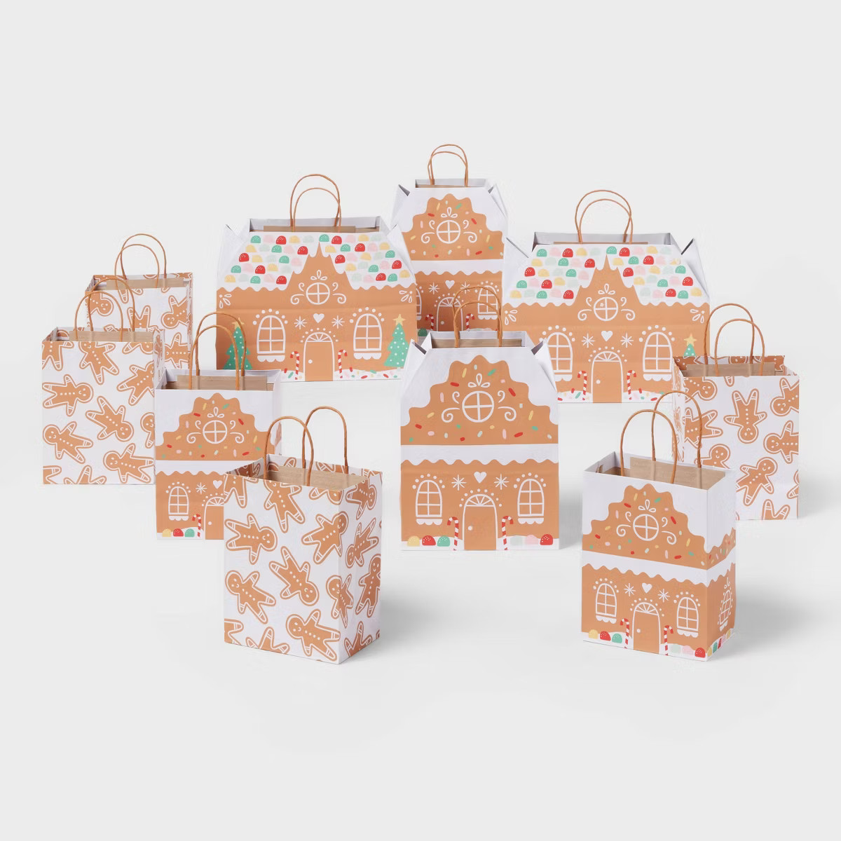 10pk Multi-Size Gingerbread House Christmas Gift Bags Colorful - Spritz™ | Target