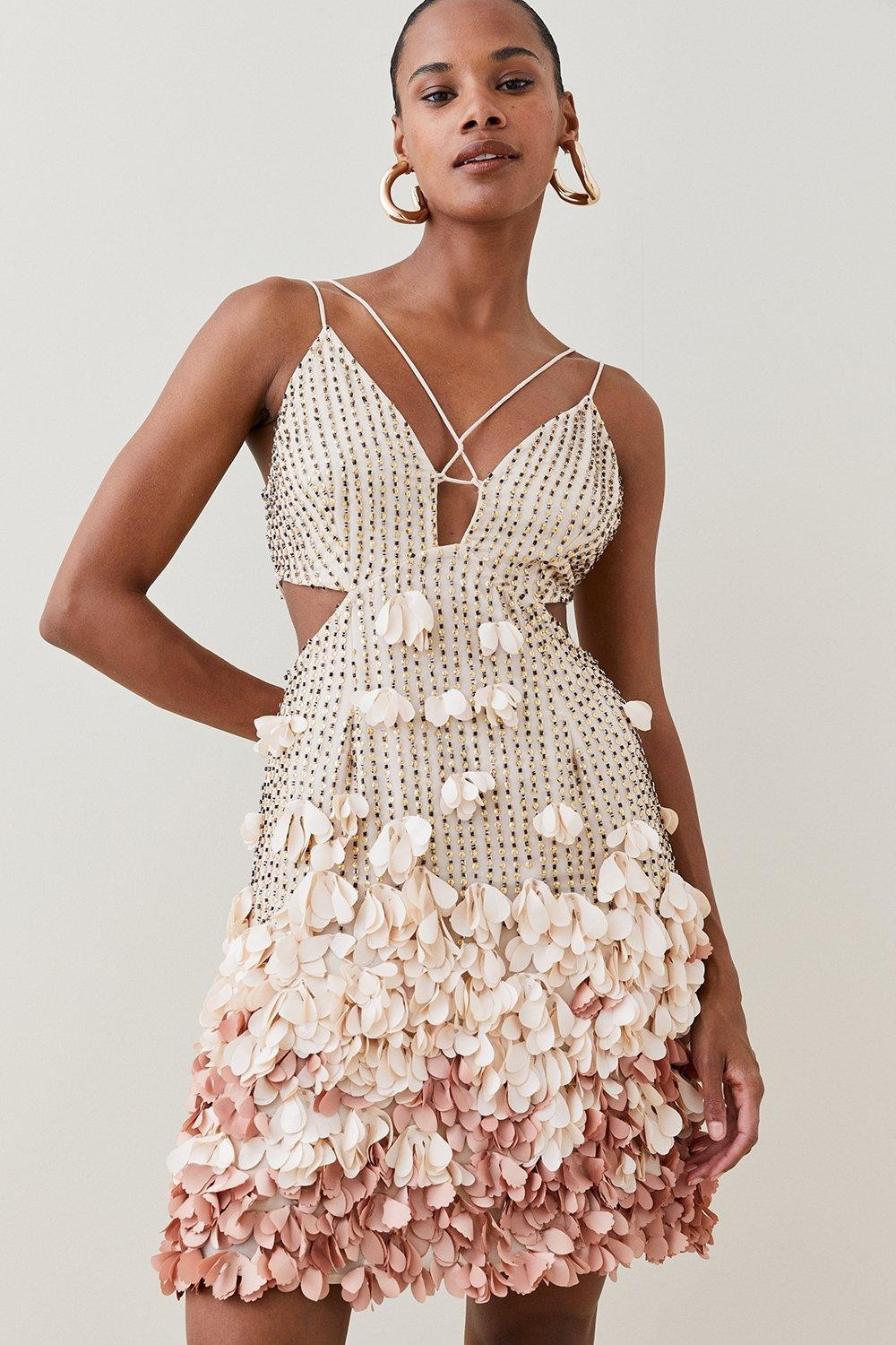 Crystal Applique Deep V Woven Mini Dress | Karen Millen UK + IE + DE + NL