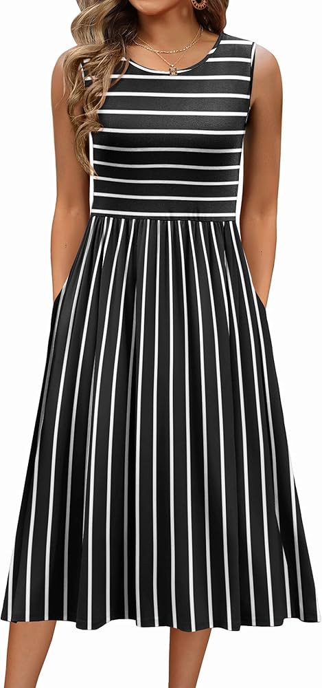 Zeagoo Women's Summer Tank Midi Dress with Pockets Sleeveless A-Line Dress Casual Floral T-Shirt ... | Amazon (US)