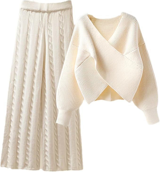 UIOKLMJH Womens Young Middle-Aged Long Sleeve Deep V Neck Knitting Sweater And Twist Knitted Pant... | Amazon (US)