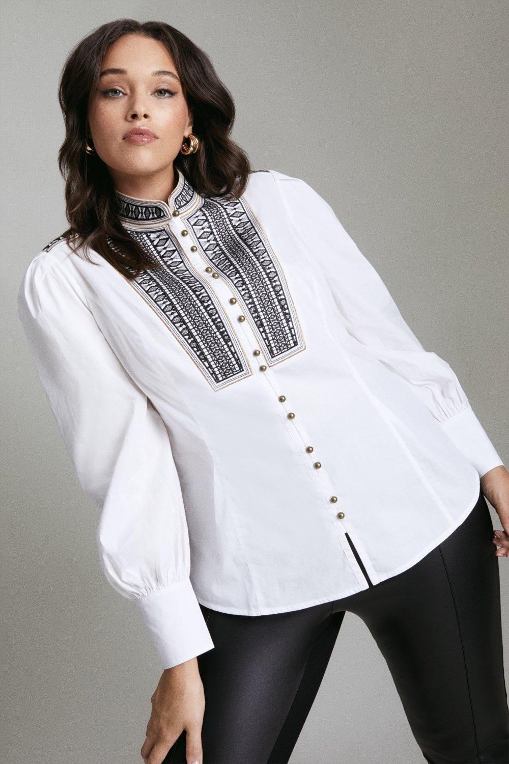 Curve Poplin Tape Embroidery Woven Shirt | Karen Millen UK & IE