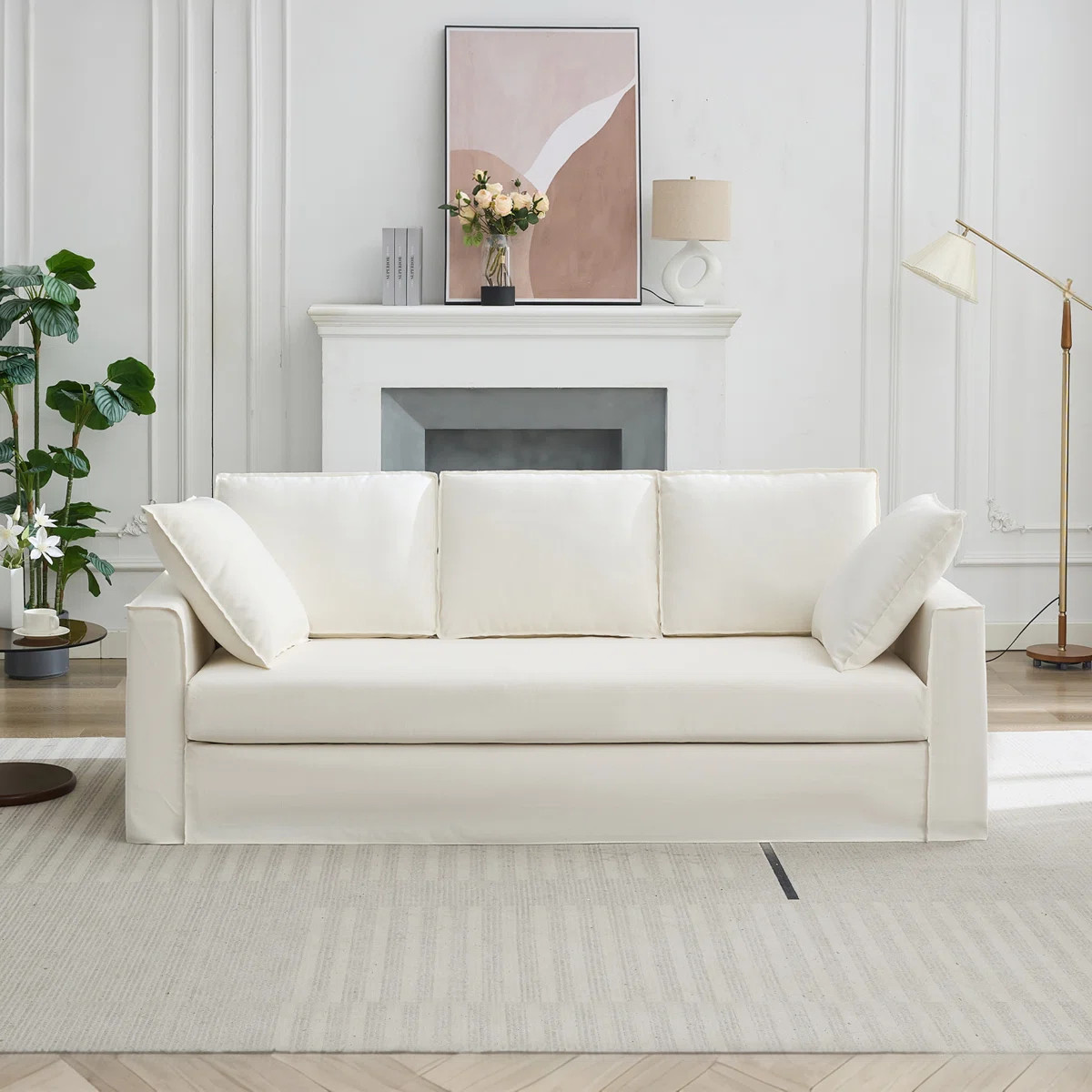 Kashanda 84.6" Wide Arm Upholstered Cloud Couch White Slipcovered Sofa | Wayfair North America