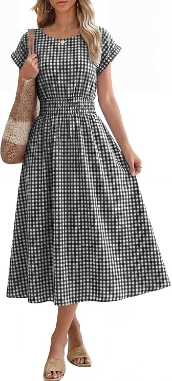ANRABESS Womens Summer Midi Dress Striped Casual Short Sleeve Crewneck Empire Waist 2026 Flowy Lo... | Amazon (US)