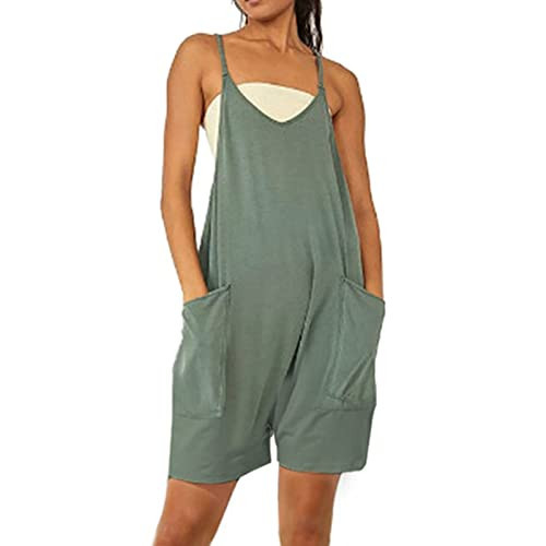 Feunu Sleeveless Rompers for Women V Neck Spaghetti Strap Shirts Loose Shorts Summer Casual Vacation Jumpsuits with Pockets | Amazon (US)